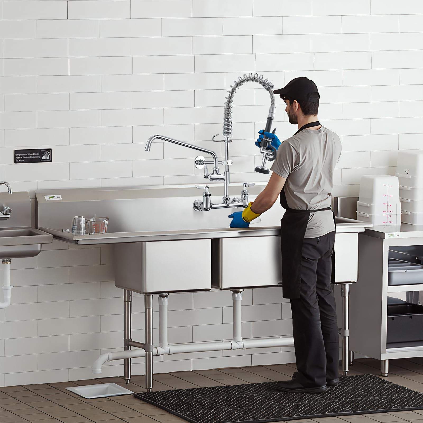 Fapully Commercial Kitchen Faucet,Wall Mount Kitchen Sink Faucet With Pre-Rinse Pull Down Sprayer,25 Height 8'' Center 3 Compart