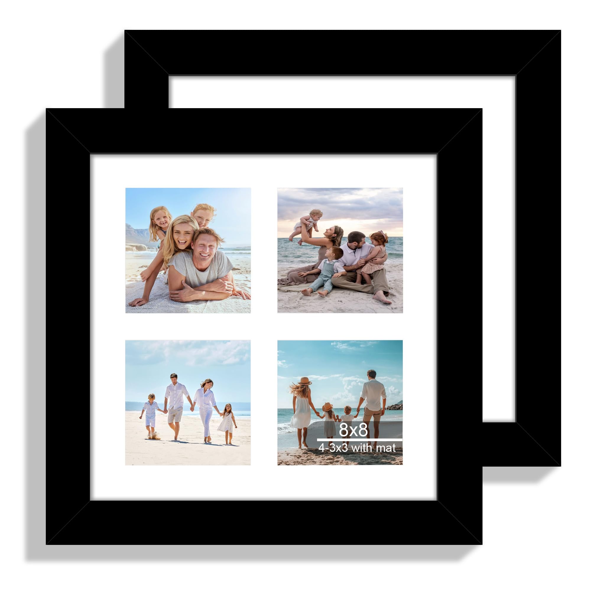 Hongkee 8x8 Picture Frame Set of 2, with Glass and Black Wood Frames, Display Collage Four Opening 3x3 With Mat or 8 x 8 Without