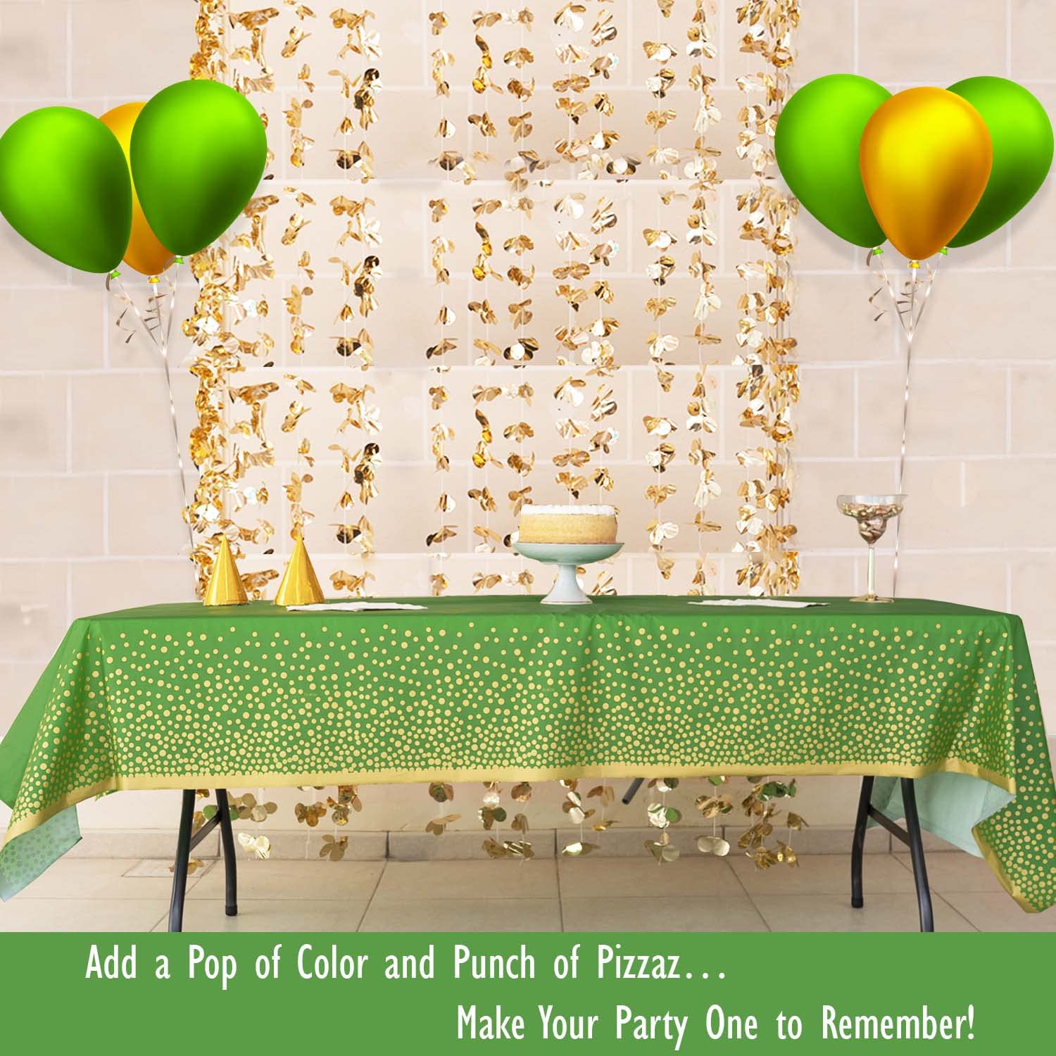 Zuladise 2 Pack Green Plastic Tablecloth Green And Gold Table Cloths For Parties Disposable Table Cover Party Decorations For Bi