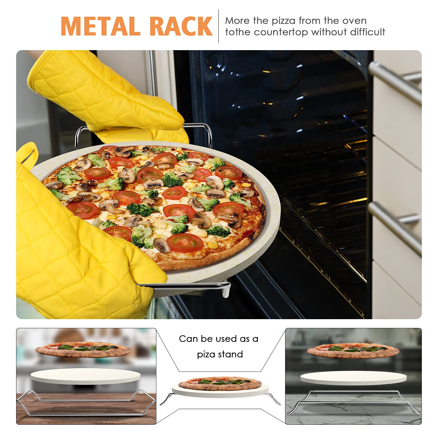 5 Pcs Round Pizza Stone Set, 13'' Pizza Stone For Oven And Grill With Pizza Peel(Oak),Serving Rack, Pizza Cutter & 10Pcs Cooking