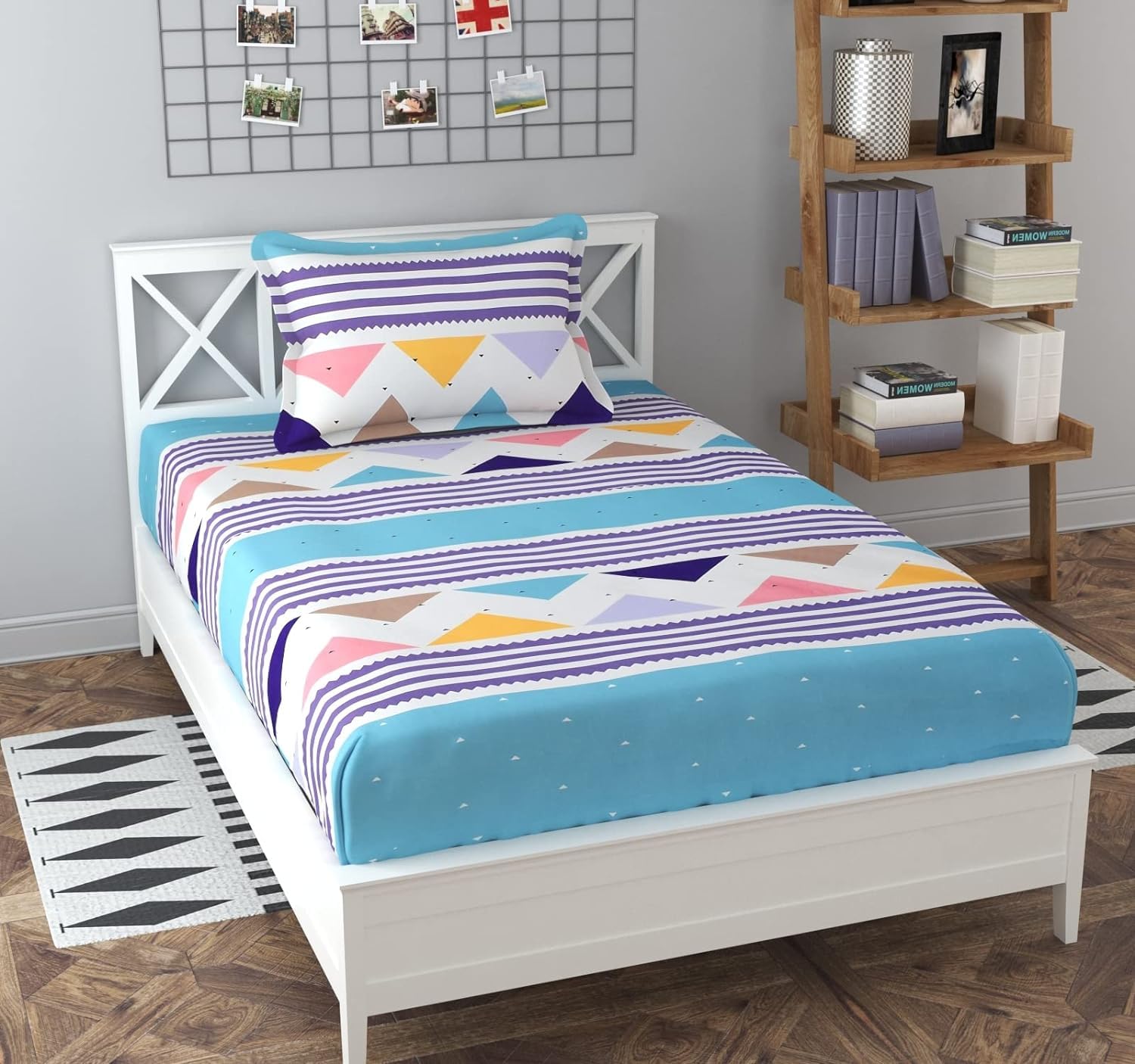 Kawi Single Bedsheet Elastic Fitted Geometric 72X48X6 Inches Glace Cotton With 1 Pillow Cover (72X 48Xup To 8 Inche Mattress) Fi