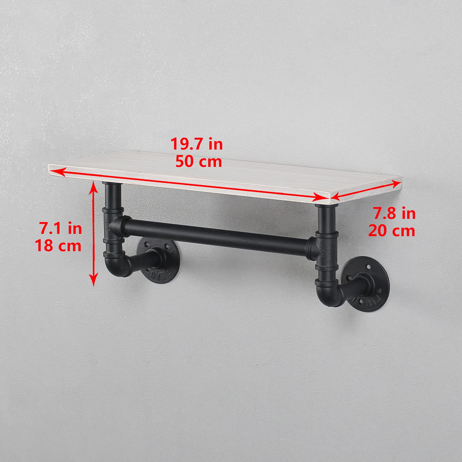 MBQQ Industrial Pipe Shelf Bathroom Shelves Wall Mounted 19.6in Rustic Wood Shelf with Towel Bar 1 Tier Farmhouse Towel Rack Pipe Shelving Floating Shelves Towel Holder Black & White