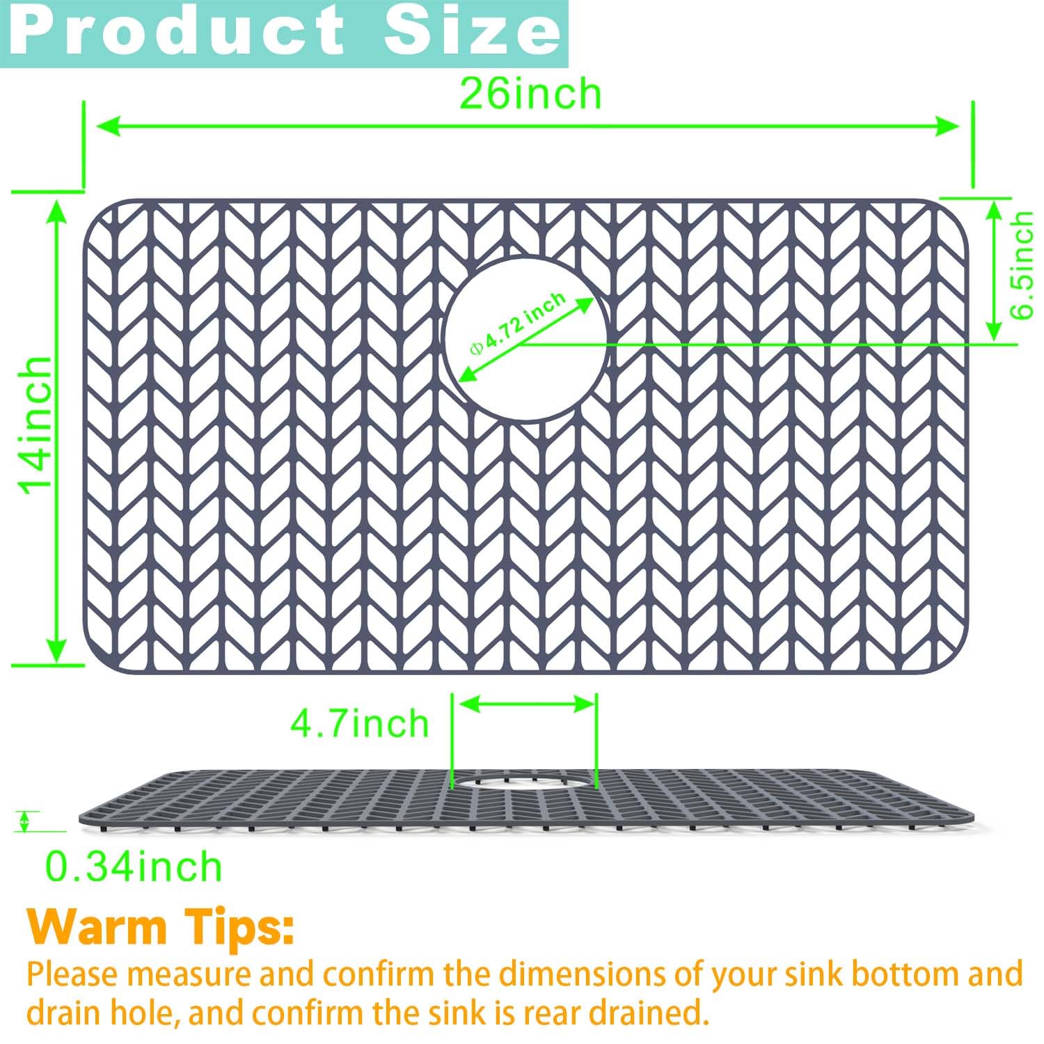 AWOKE Silicone Sink Protectors for Kitchen Sink  26''x 14'' Folding Non-slip Sink Mat Grid  for Bottom of Farmhouse Stainless Steel Porcelain Sink with Rear Drain (Grey)