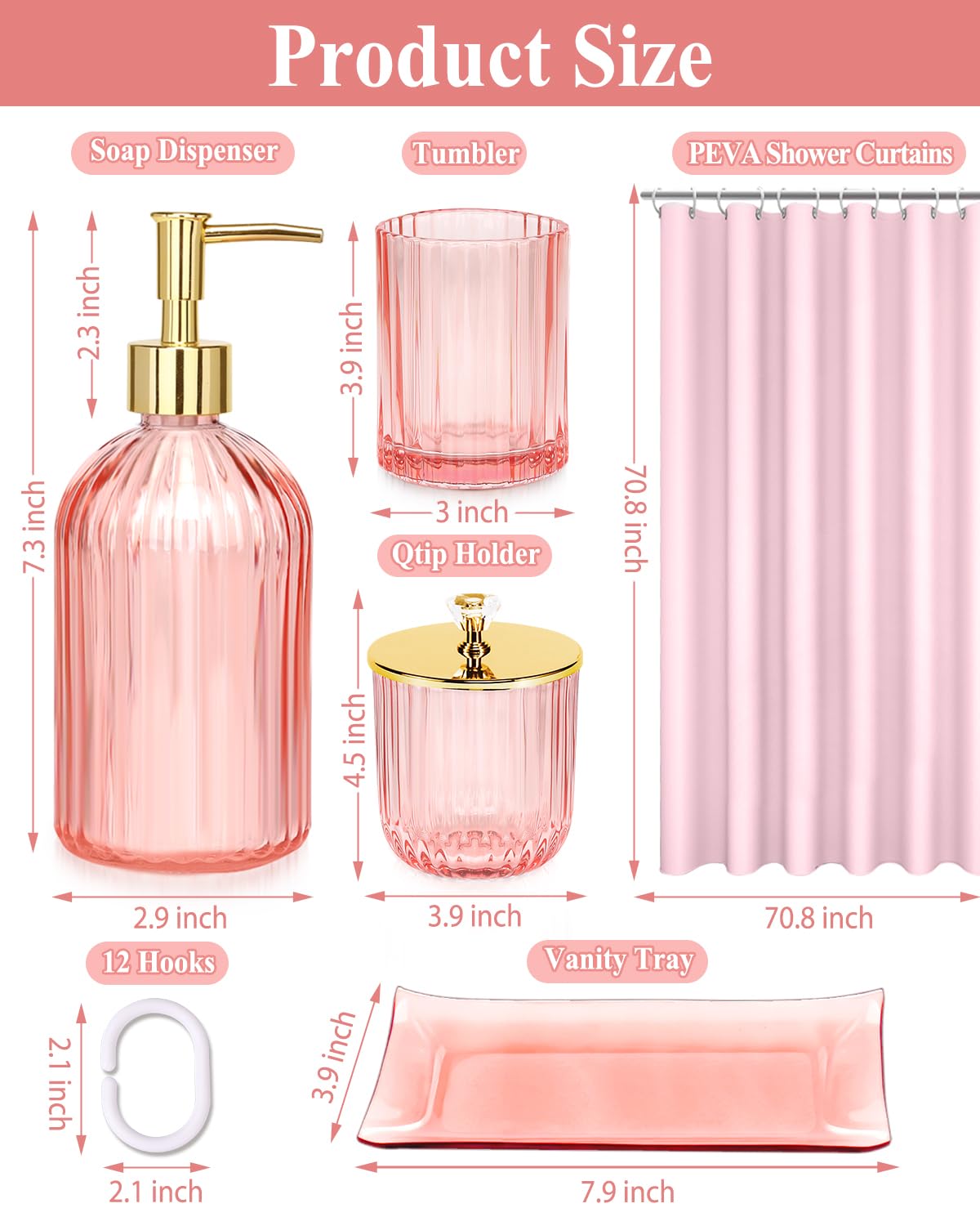 Bathroom Accessories With Shower Curtain,Pink Glass Bathroom Accessory Sets Of Soap Dispenser, Toothbrush Holder, Apothecary Jar