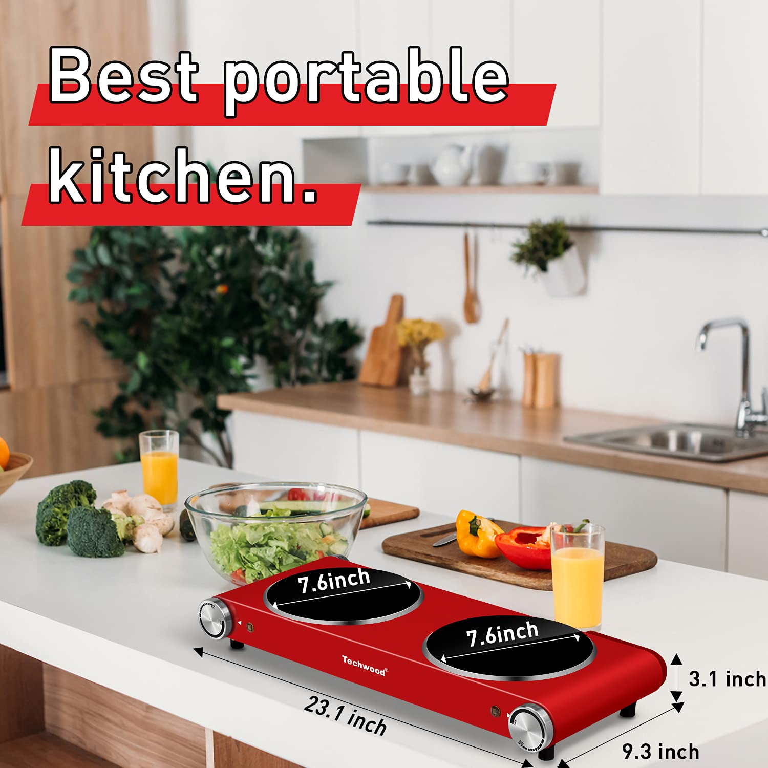 Hot Plate  Techwood 1800W Dual Electric Stoves  Countertop Stove Double Burner for Cooking  Infrared Ceramic Hot Plates Double Cooktop  Red  Brushed Stainless Steel Easy To Clean Upgraded Version  Red
