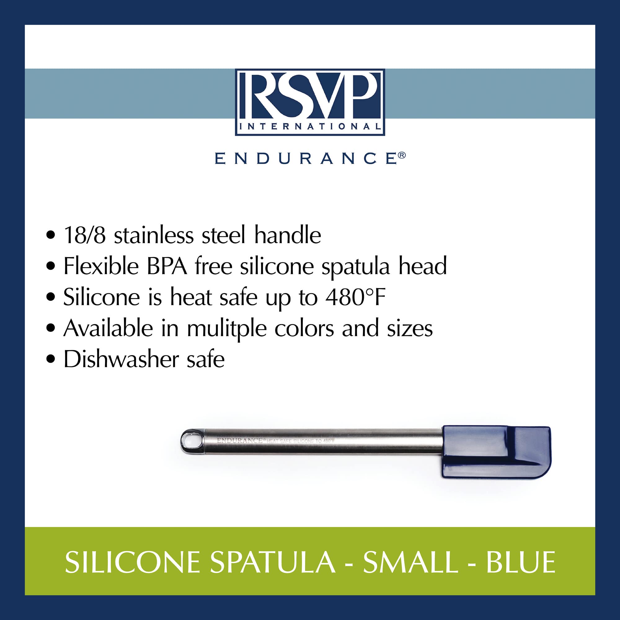 Rsvp International Endurance Kitchen Tool Collection Silicone Spatula, Stainless Steel Handle, 9.5X1.4'', Blue