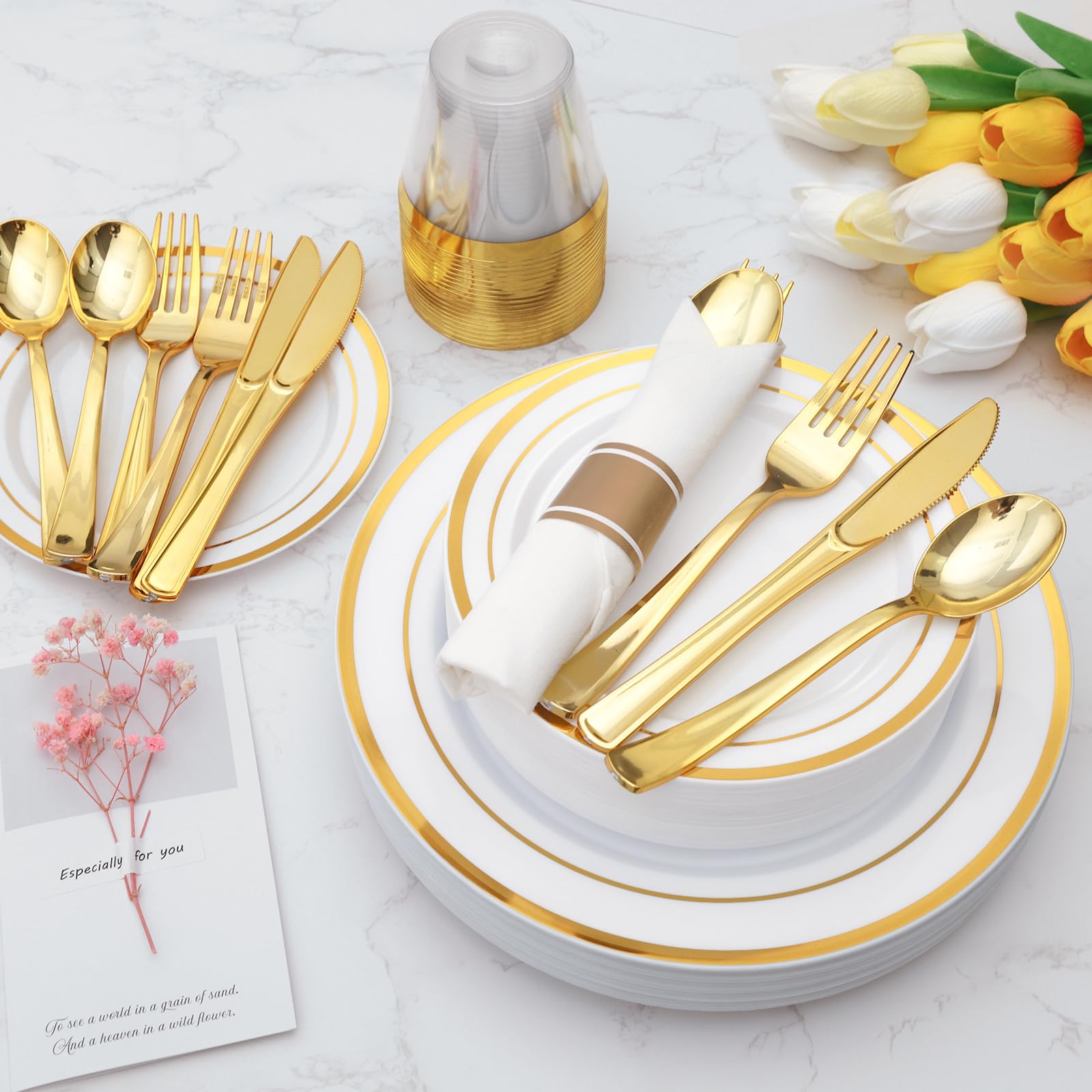 Goodluck 350 Piece Gold Plastic Dinnerware Set For 50 Guests, Fancy Disposable Plates For Party, Include: 50 Dinner Plates, 50 D