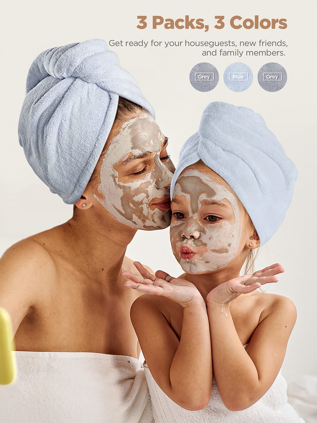 Hicober Microfiber Hair Towel, 3 Packs Hair Turbans for Wet Hair, Drying Hair Wrap Towels for Curly Hair Women Anti Frizz(Grey,B