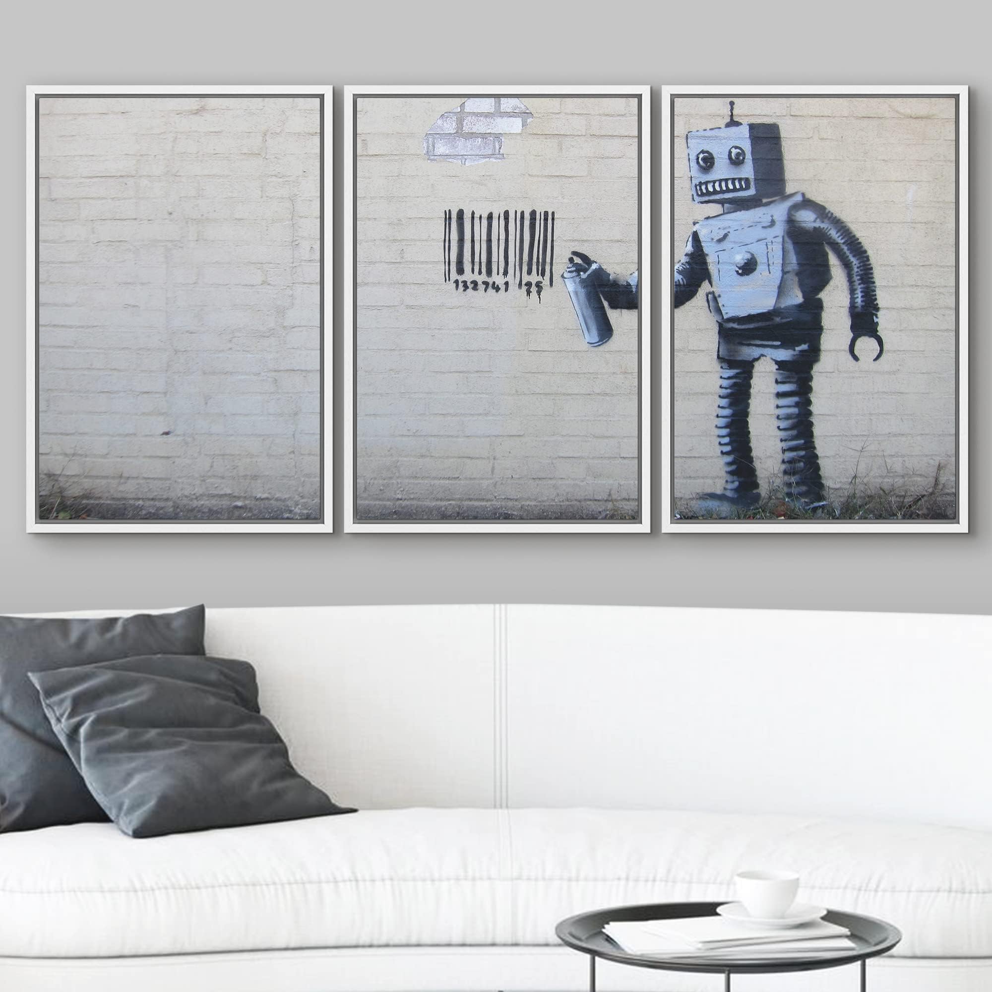Wall26 - Robot Graffiti Banksy Street - Framed Canvas Art Wall Art - 24''X36''X3 White