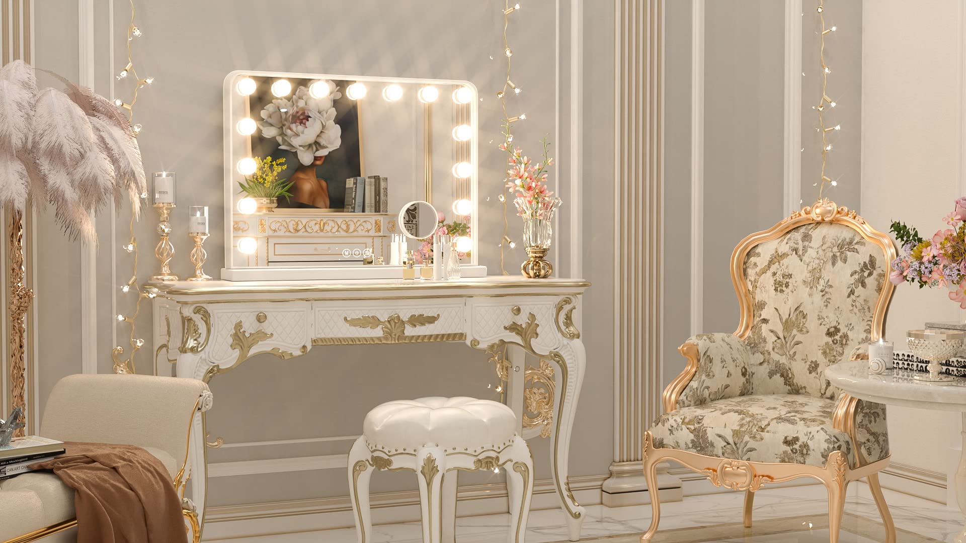 Keonjinn Large Vanity Mirror with Lights  15 Replaceable Bulbs Hollywood Makeup Mirror with 2 Replacement Bulbs  3-Color Lights  Aluminum Metal Frame  USB Charging Port  23'' x 18'' White Lighted Mirror