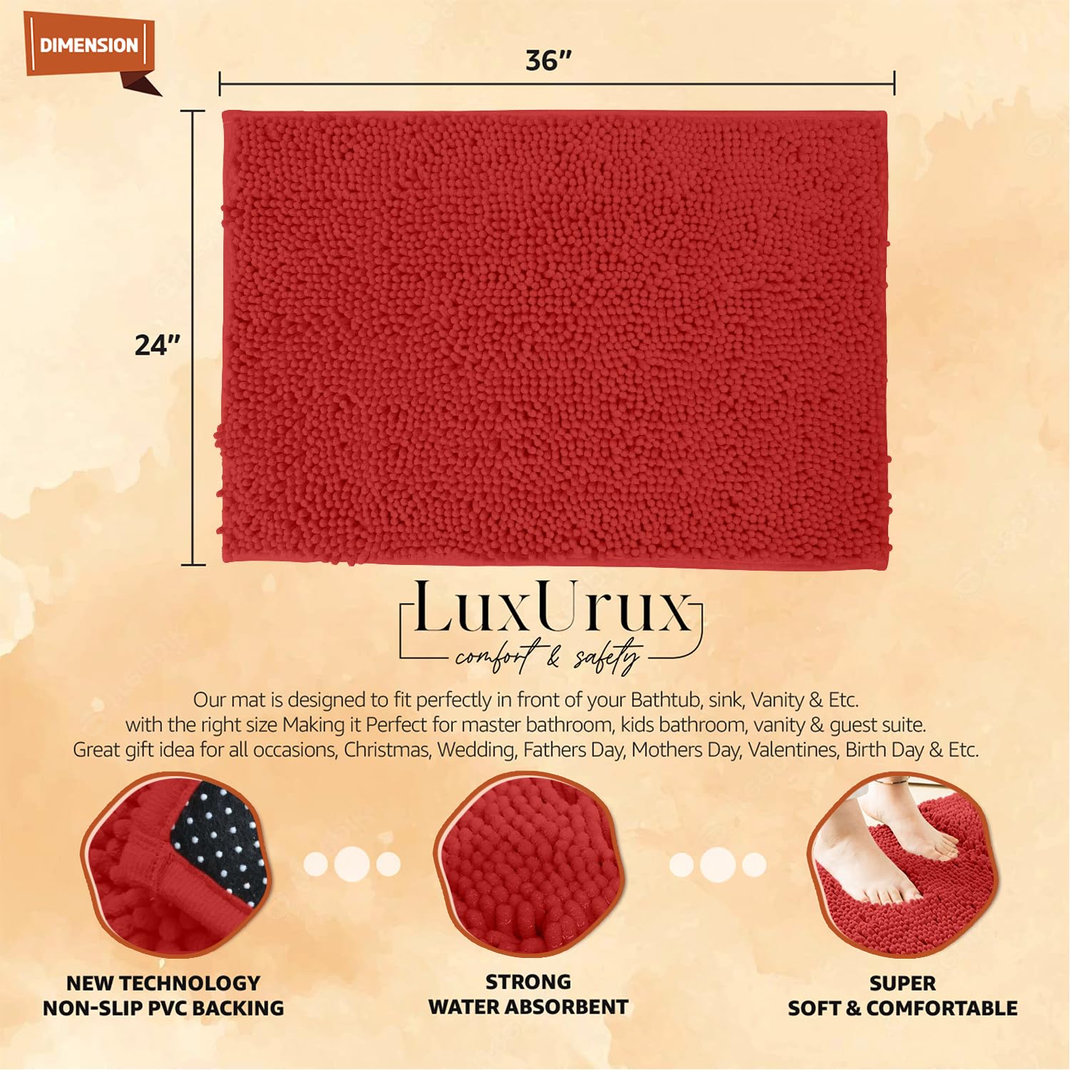 LuxUrux Ultra-Soft Chenille Bath Mat - Plush Microfiber Bathroom Rug, Super Absorbent & Quick-Dry, Cozy Shaggy Design, Machine W