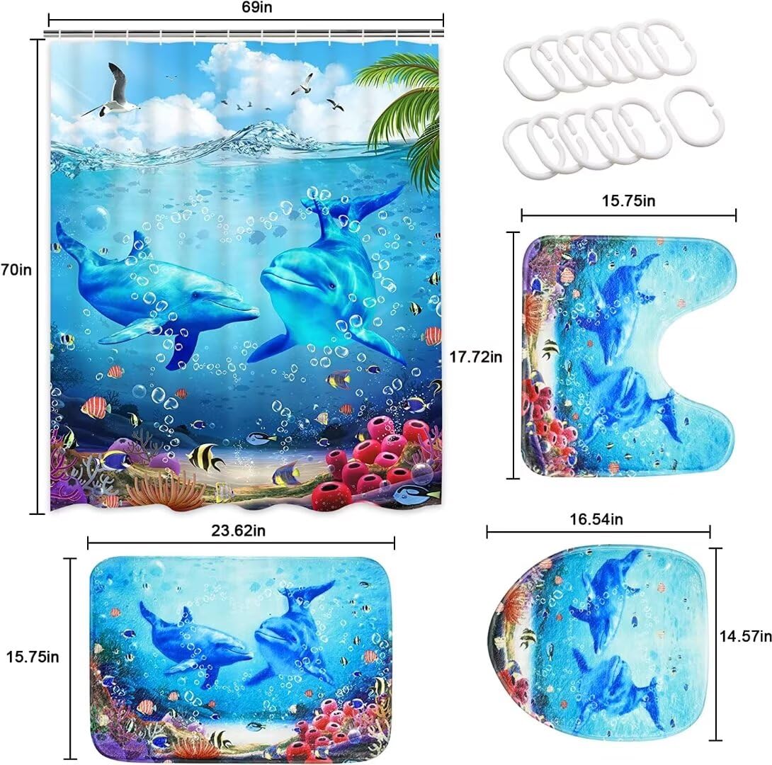 Yizheer 4Pcs Blue Ocean Dolphin Shower Curtain Sets With Rugs, Toilet Lid Cover And Bath Mat, Haunted House Shower Curtains Bath