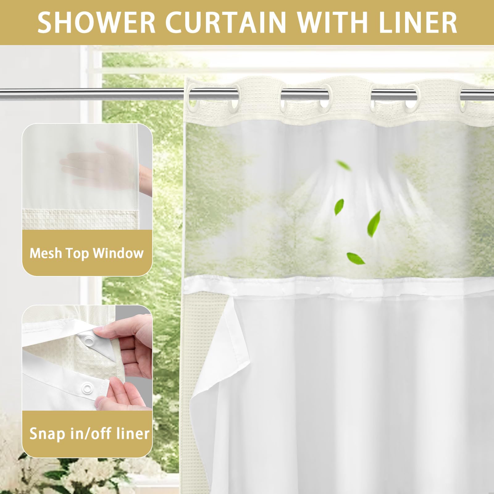 Yellyhommy No Hook Shower Curtain With Snap In Liner Set Less Waffle Shower Curtain For Bathroom (Cream, 81'' L X 72'' W)