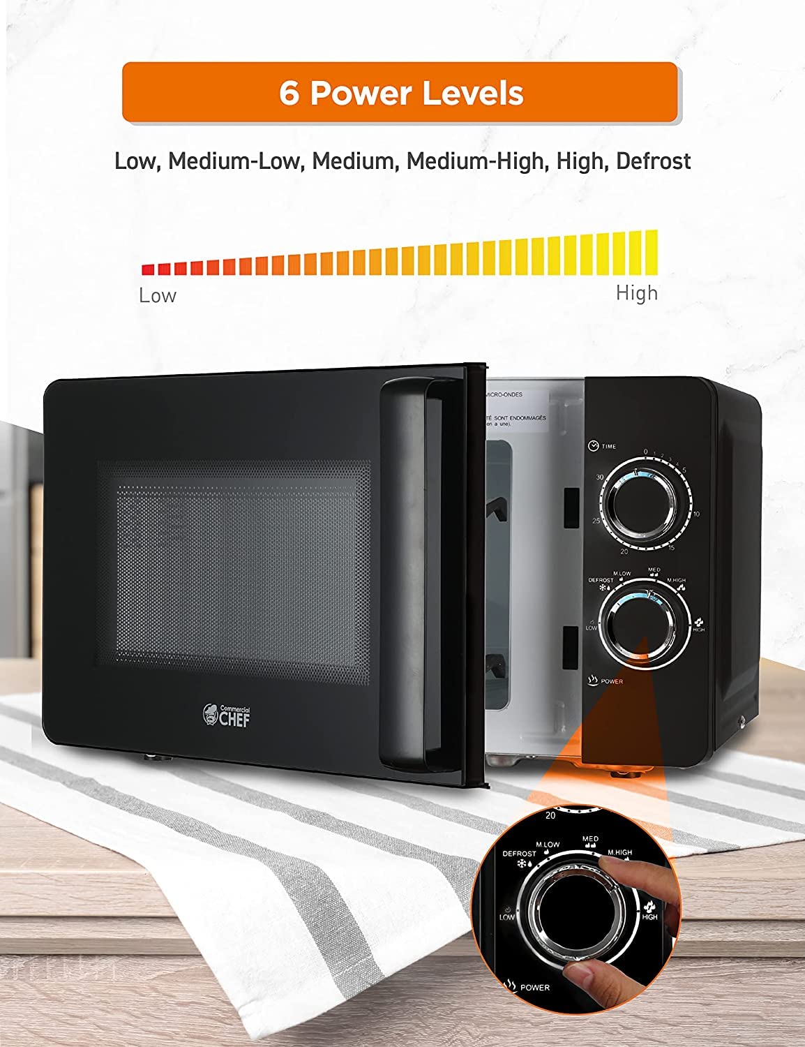 Commercial Chef Black Microwave 0.7 Cu. Ft. With Rotary Switch Knob, 700W Countertop Small Microwave With Microwave Turntable Pl