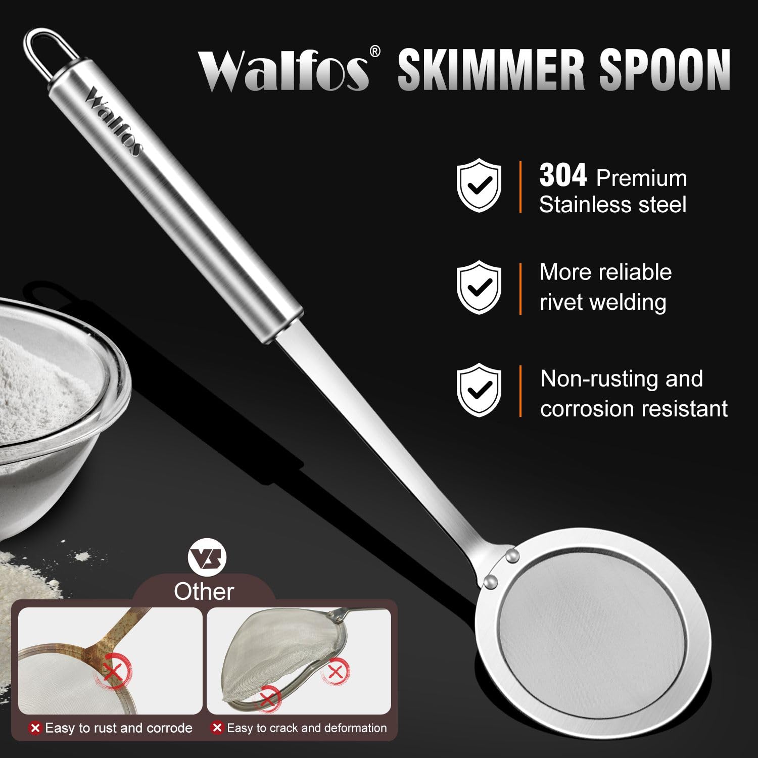 Walfos Skimmer Spoon,304 Stainless Steel Fine Mesh Strainer,Foam Strainer Oil Filter,Ultra Fine Mesh Strainer Perfect For Separa
