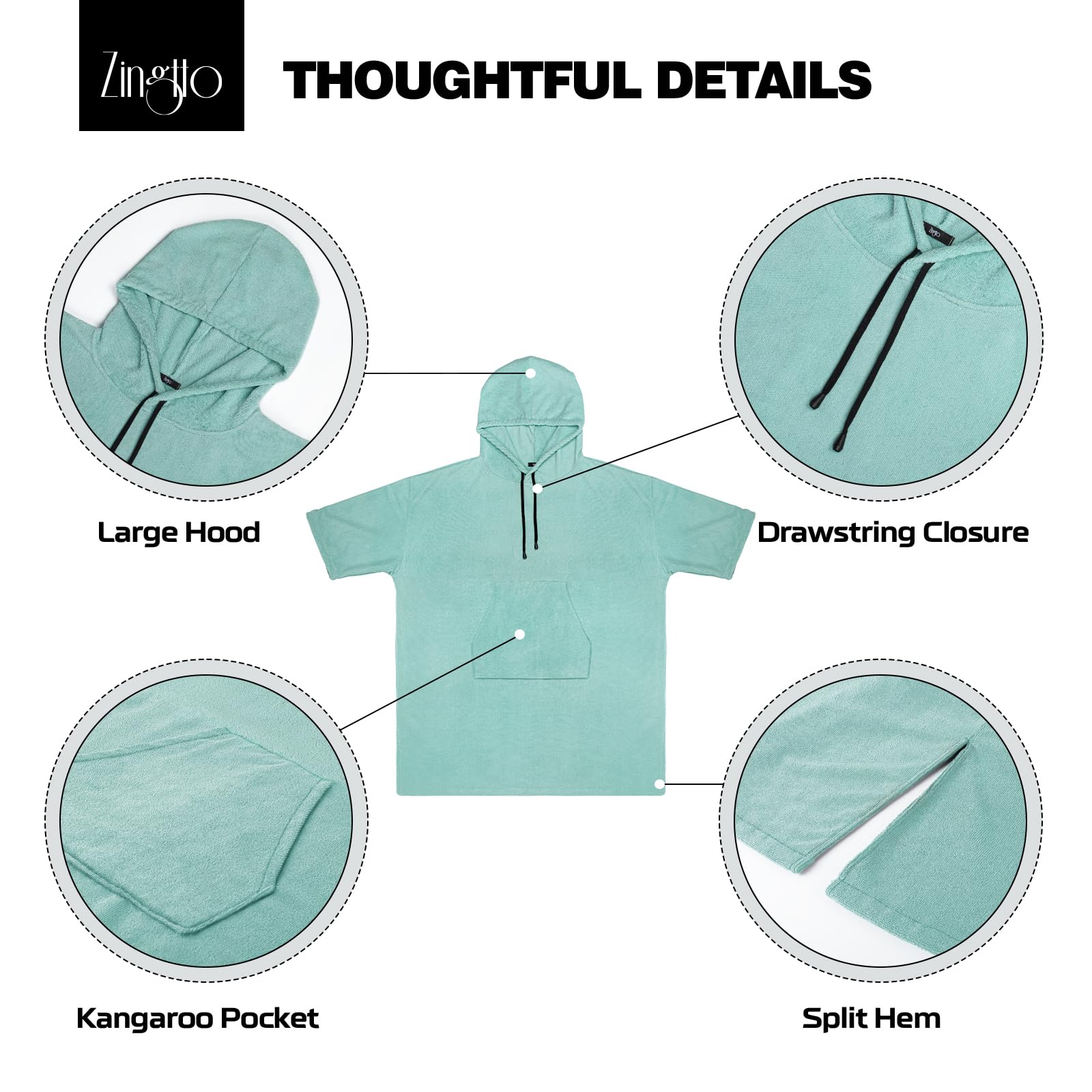 Zingtto Surf Poncho Changing Robe, 3/4 Sleeve Extra Large Thick Hoodie Towel Poncho For Men Women Beach Swimming, 43'' X 35'', T