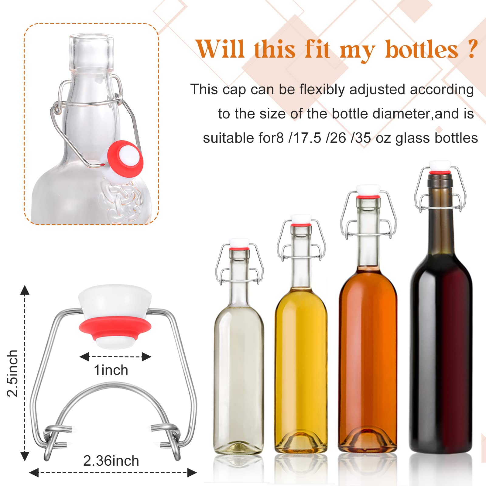 6 Pcs Flip Top Bottle Replacement Caps With 6 Sealing Silicone Gasket, Flip Top Stopper For Glass Bottles Swing Top Lids Fit 8/1