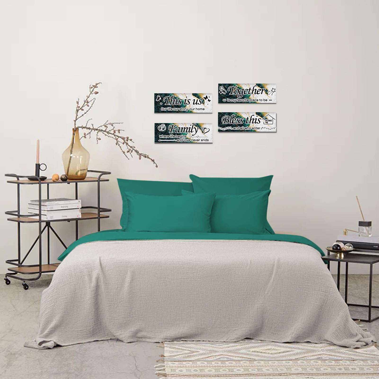 Lnond 4 Pieces Green White Marble Living Room Wall Decor, Motivational Home Family Rustic Wall Art Decor for Bedroom Living Room
