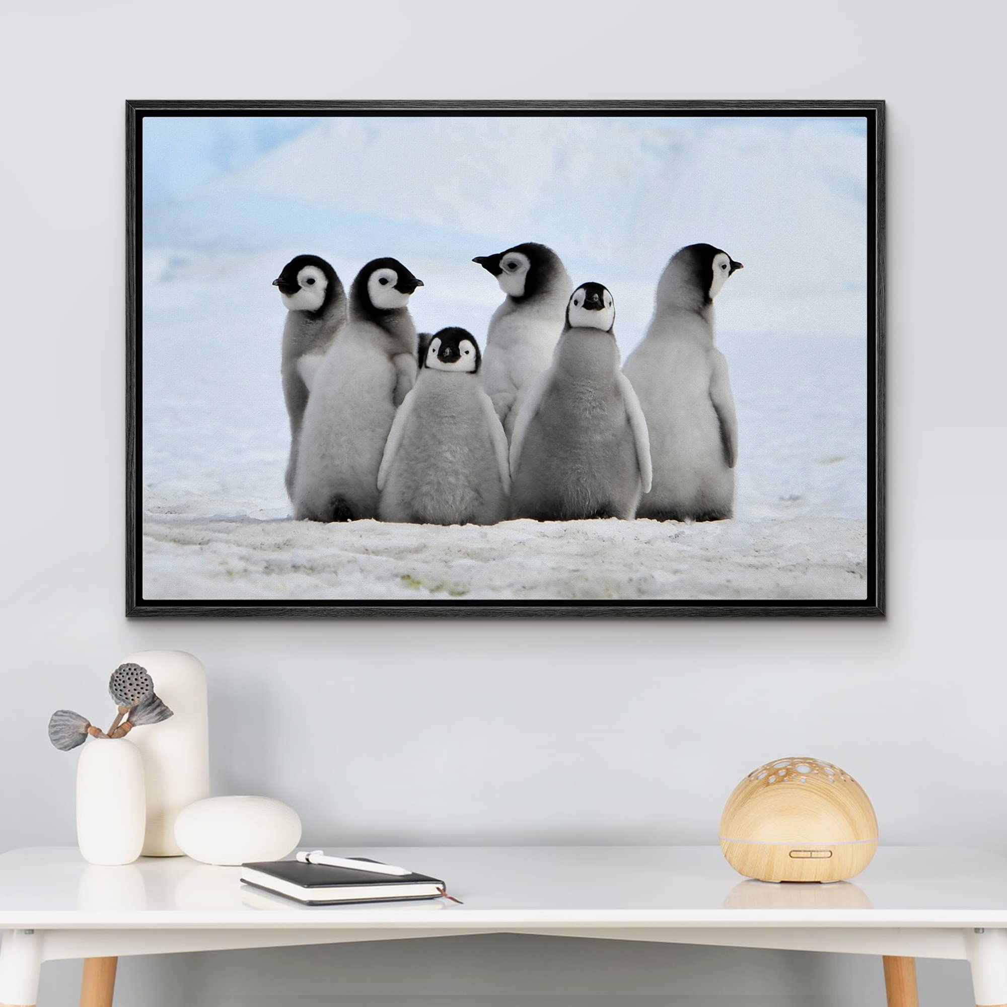 Wall26 - Framed Canvas Wall Art - Little Penguins - Giclee Print Gallery Wrap Modern Home Art Ready To Hang - 16''X24'' Black