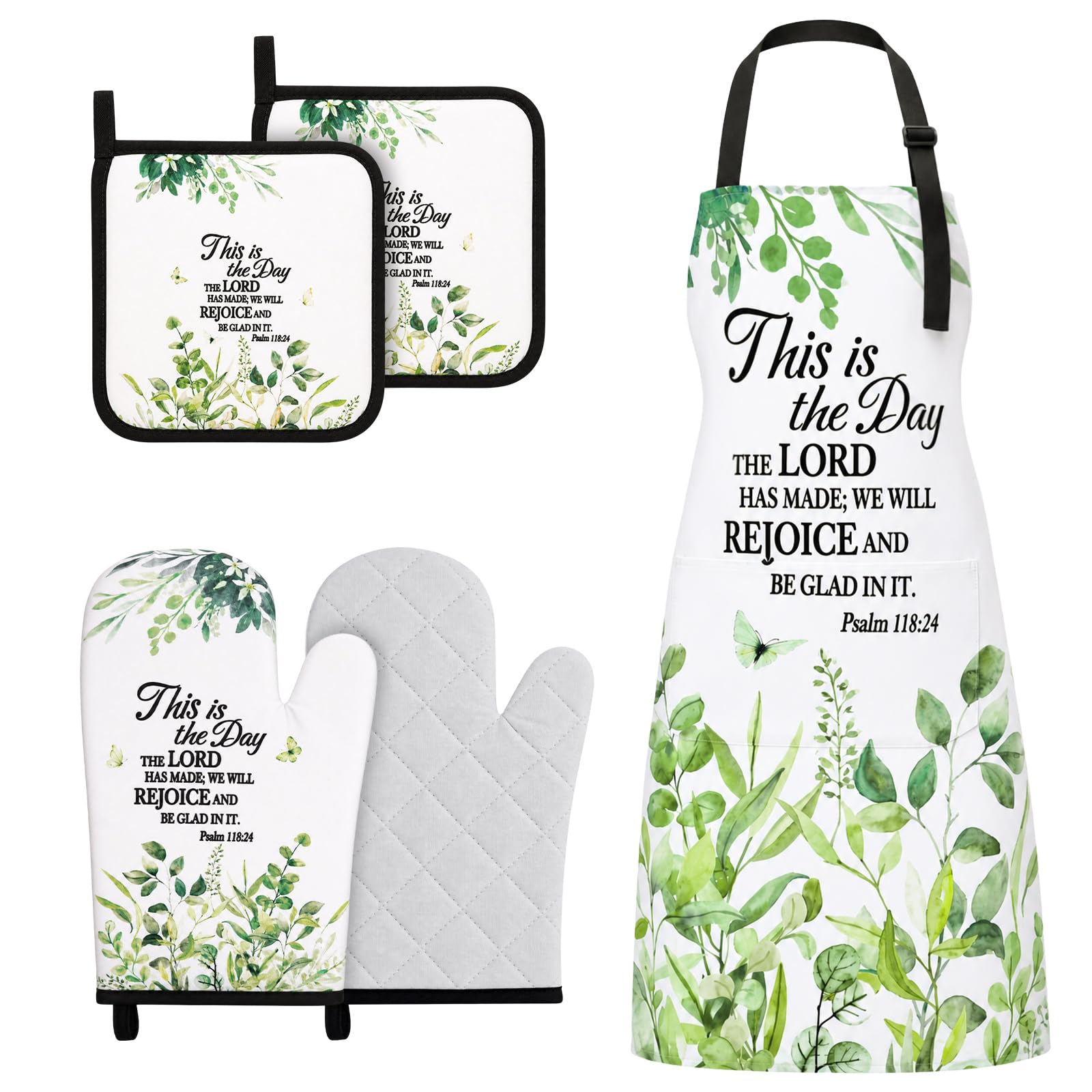 Skicuff Christian Floral Oven Mitt Pot Holder with Chef Apron, Psalm 118:24