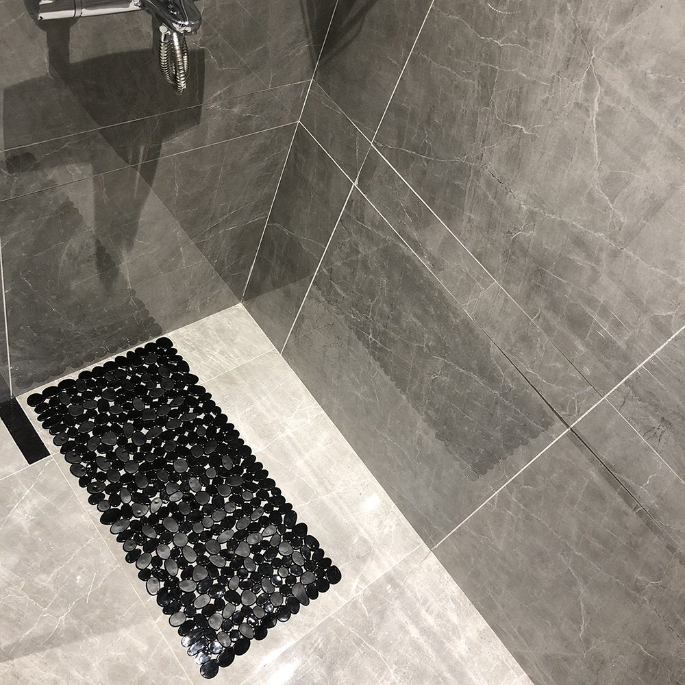 Non-Slip Pebbles Stone Bath Mats,Slip-Resistant Pebble Shower Mats, Anti-Slip Bathtub Mats, Machine Washable (Black, 14'' W X 27