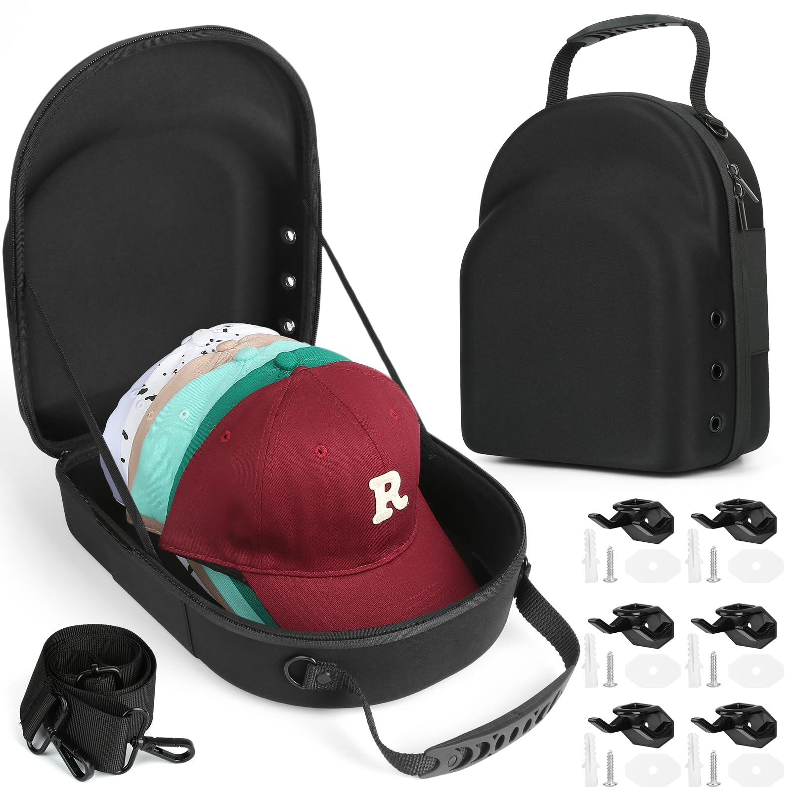 Germun Hard Baseball Hat Case With 6Pcs Hat Hooks, Hat Carrier Travel Case With Adjustable Shoulder Strap, Hat Cap Case For 6 Ba