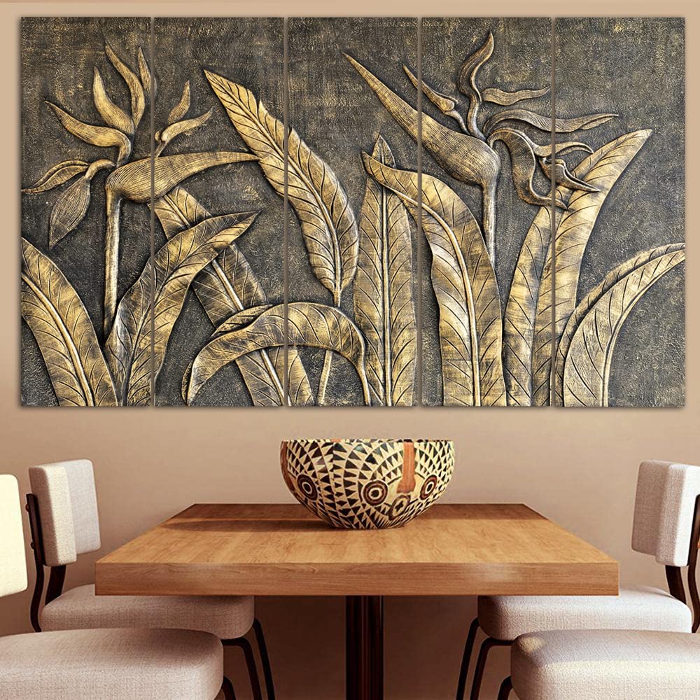 Maxstone Goldan Leaves Leaf Natural Wall Painting Living Room,Bedroom,Office,Home Dcor 5 Panal Wall Painting Big Size Wall Hangi