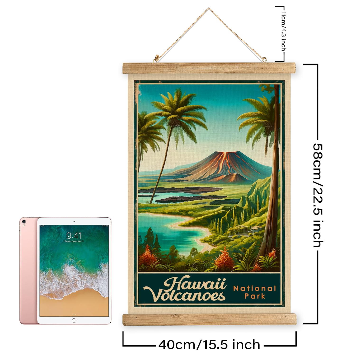 Xiaoaika Vintage Hawaii Volcanoes National Park National Park Travel Poster With Wooden Scroll Frame - Living Room, Bedroom, Hom