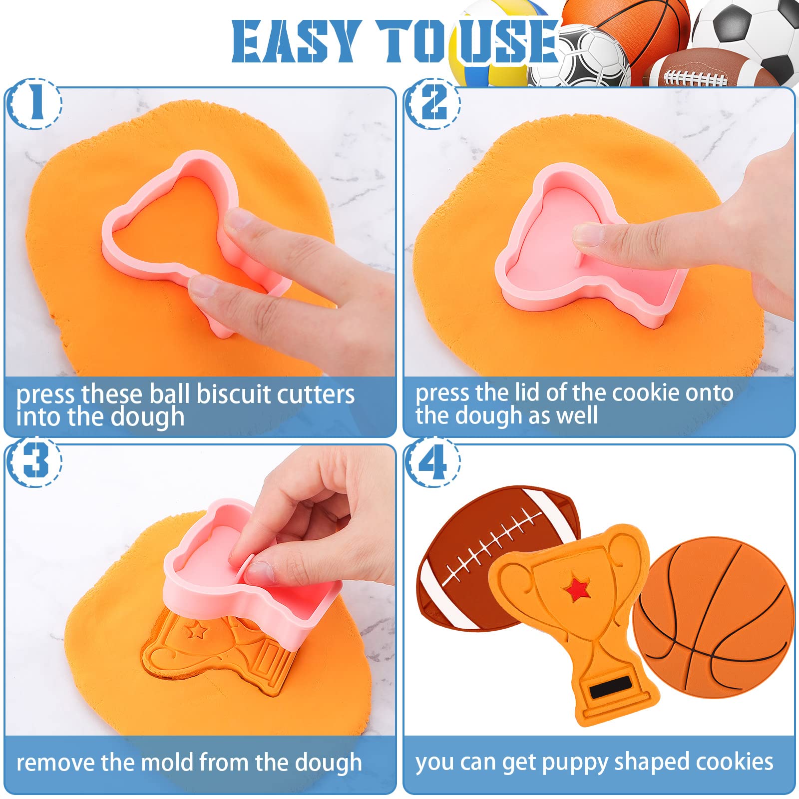 8 Pieces Sport Ball And Birthday Cookie Stamps With Plunger Cutters Set 3D Football Volleyball Soccer Basketball Cake Flower Sha