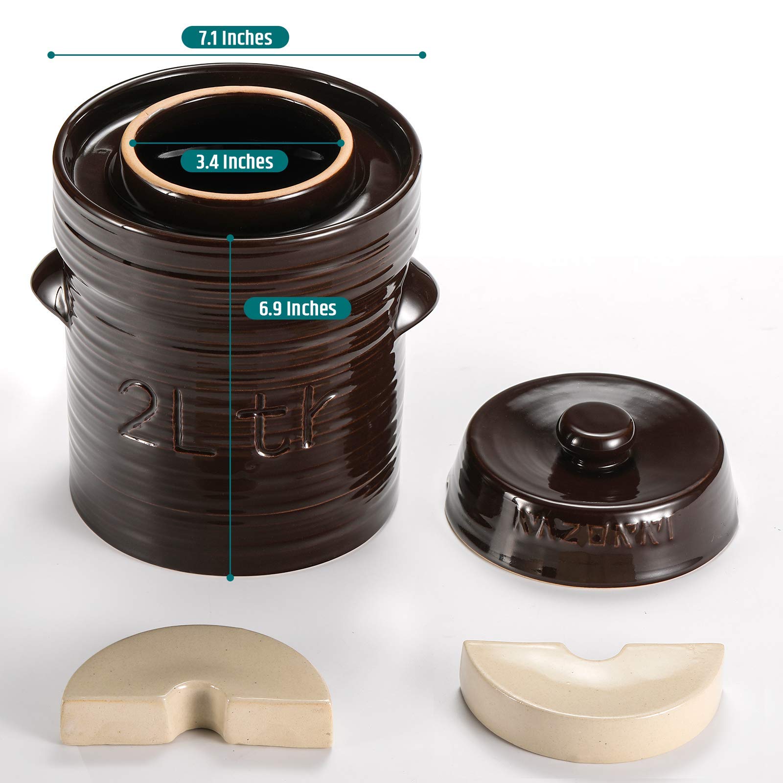 Razorri Comodo Sauerkraut Ceramic Fermentation Crock - 2 Liter (0.5 Gallon) Traditional Water-Sealed Jar With Glazed Weights - F