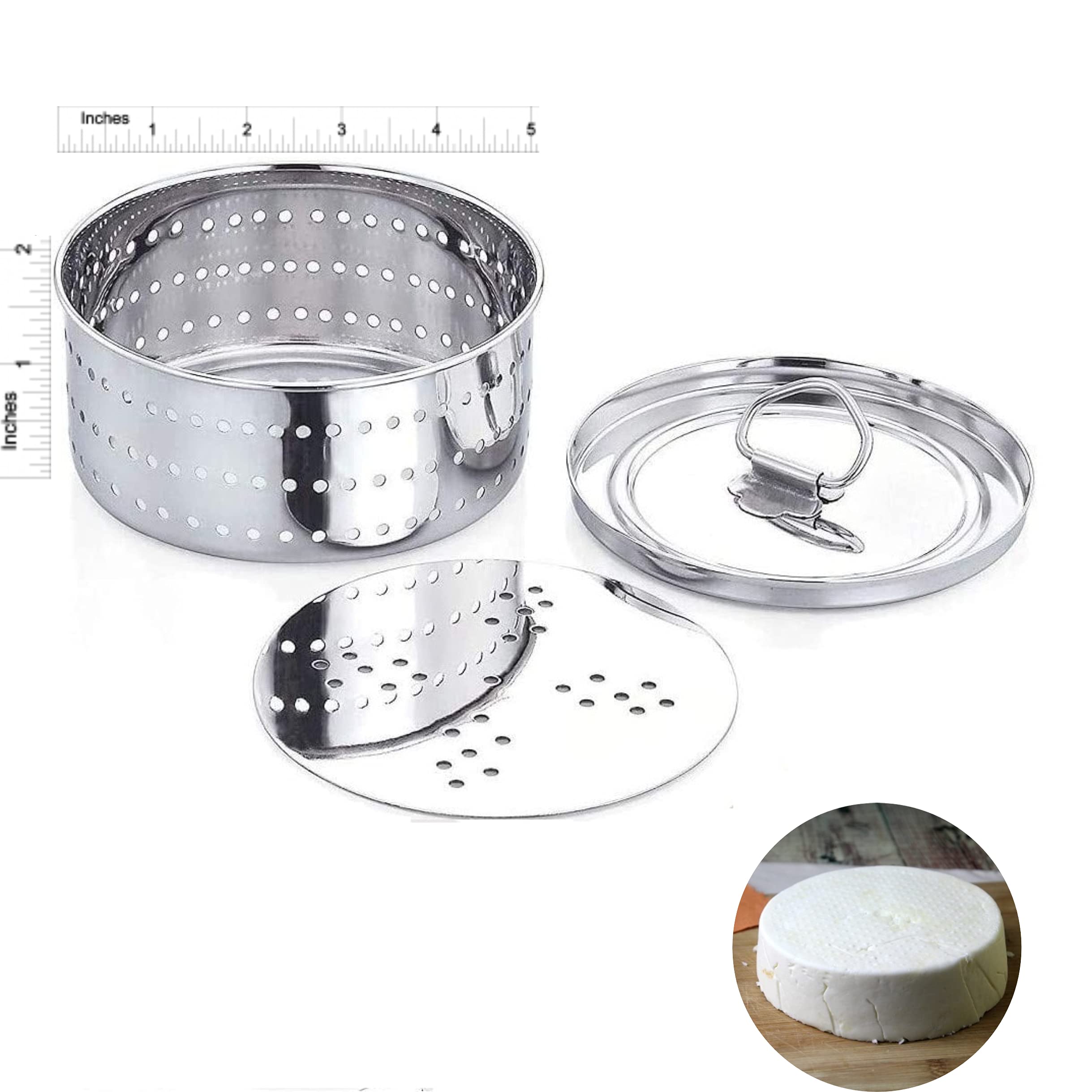 Dubbas - Paneer Maker, Easy To Use 5'' Diameter X 2'' Height (2.5 Cups / 625Ml) Stainless Steel Indian Paneer Press Mould