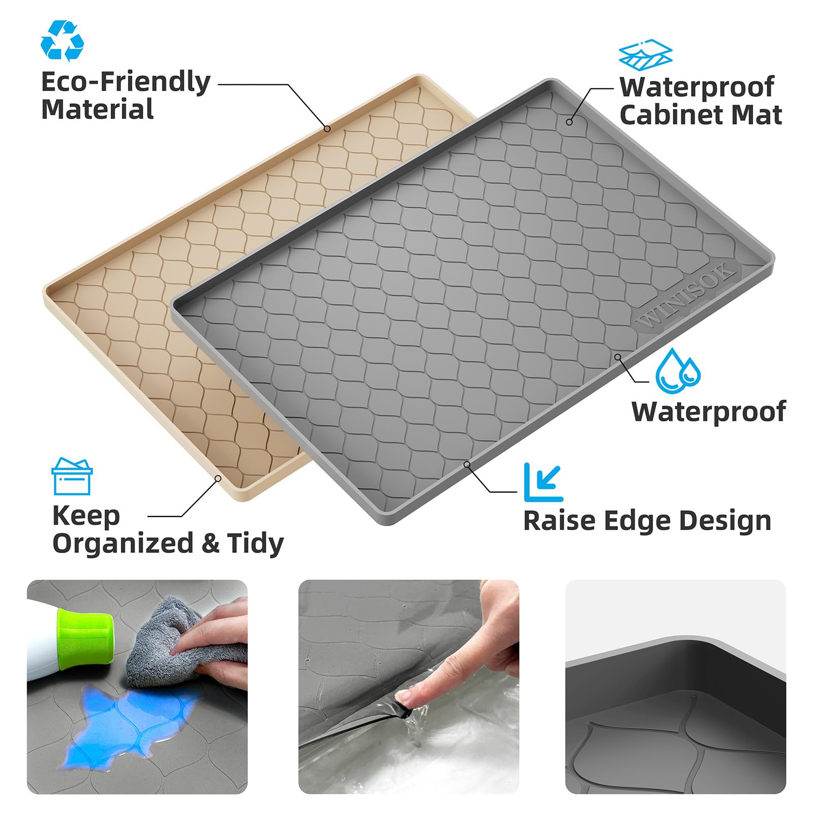 Winisok Silicone Under Sink Mat, Waterproof Kitchen Organizer, 34" x 22", Dark Gray