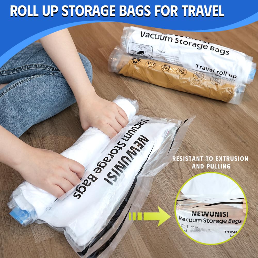 12 Pack Travel Compression Bags, Travel Roll Up Reusable Travel Space Saver Vacuum Storage Bags For Luggage, Camping, And Storag