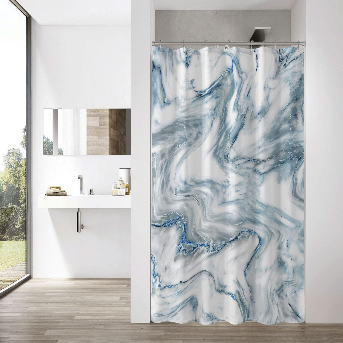 Mitovilla Small Stall Shower Curtain 36 X 72, Blue Marble Half Size Shower Curtain, Modern Abstract Narrow Shower Curtain For Ba