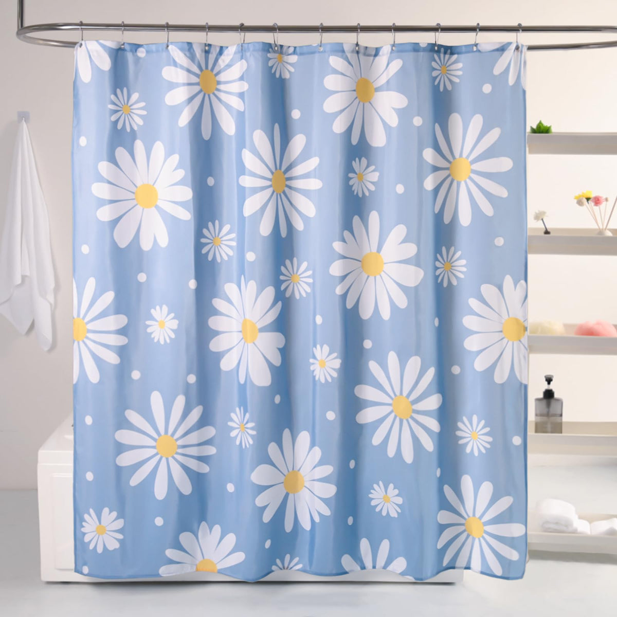 Qjhomo Blue Floral Shower Curtain Set Cute Daisy Bathroom Curtain, Washable Waterproof Fabric Long Shower Curtains With 12 Hooks