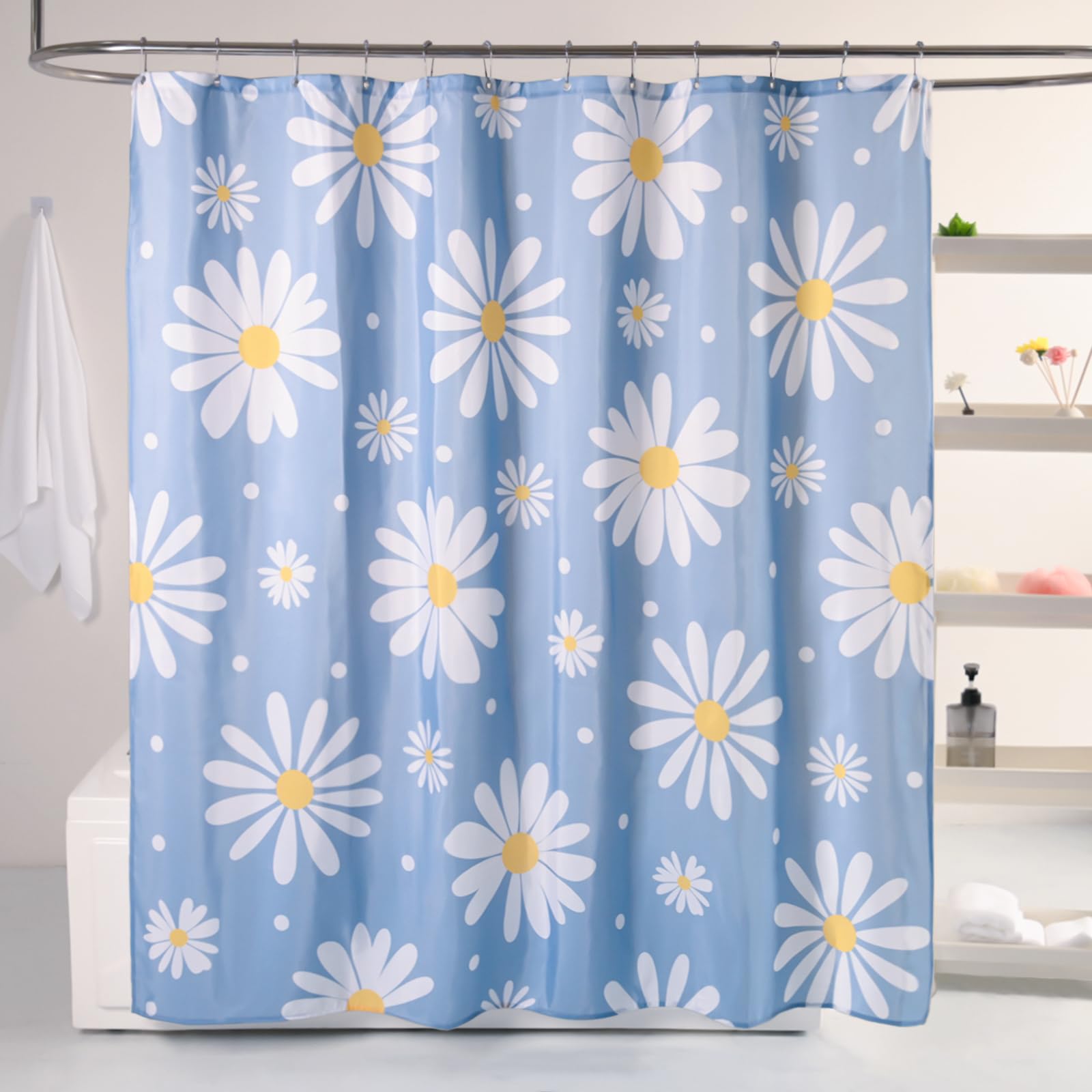 Qjhomo Blue Floral Shower Curtain Set Cute Daisy Girly Bathroom Curtain, Washable Waterproof Fabric Shower Curtains With 12 Hook