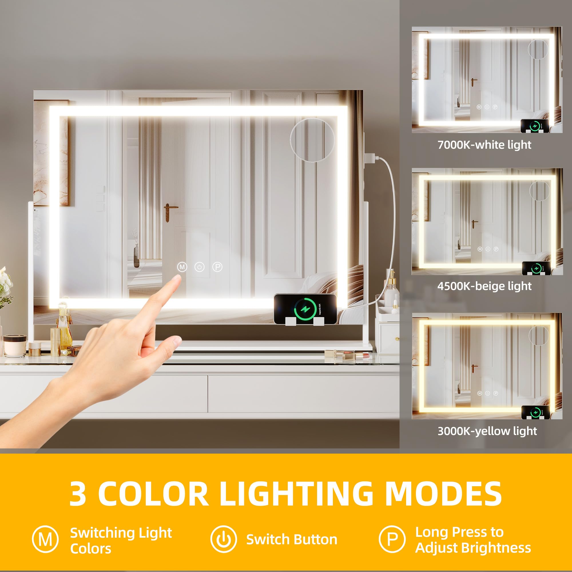 Yitahome Vanity Mirror With Lights 24.6''X20'' Led Lighted Makeup Mirror, Dimmable 3 Color, Large Makeup Mirror With Lights, Led