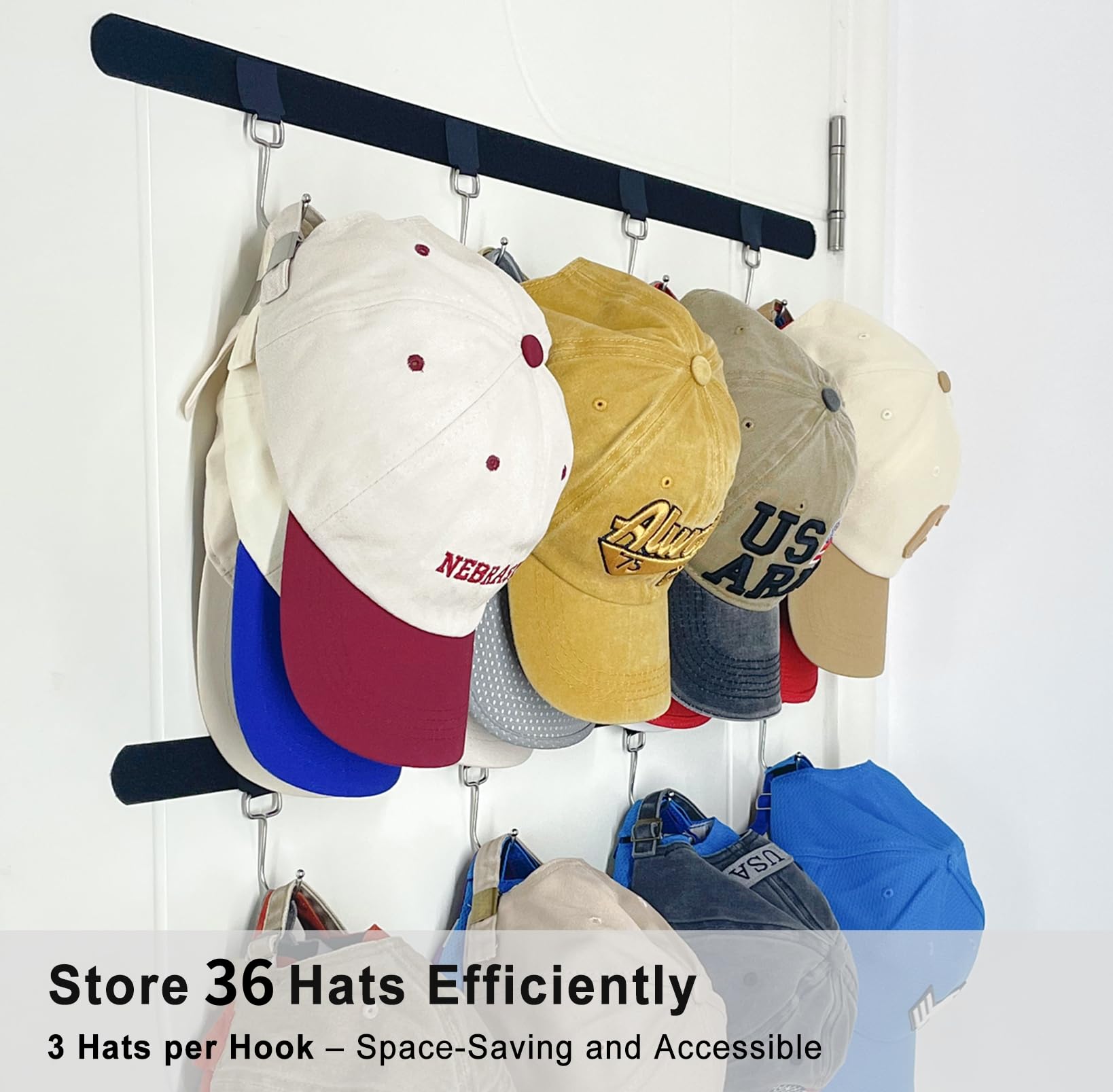 Etowifa Adhesive Hat Organizer Rack For Baseball Caps [Up To 36 Caps] Hat Hangers Holder Display For Wall, Over Door Closet, Roo