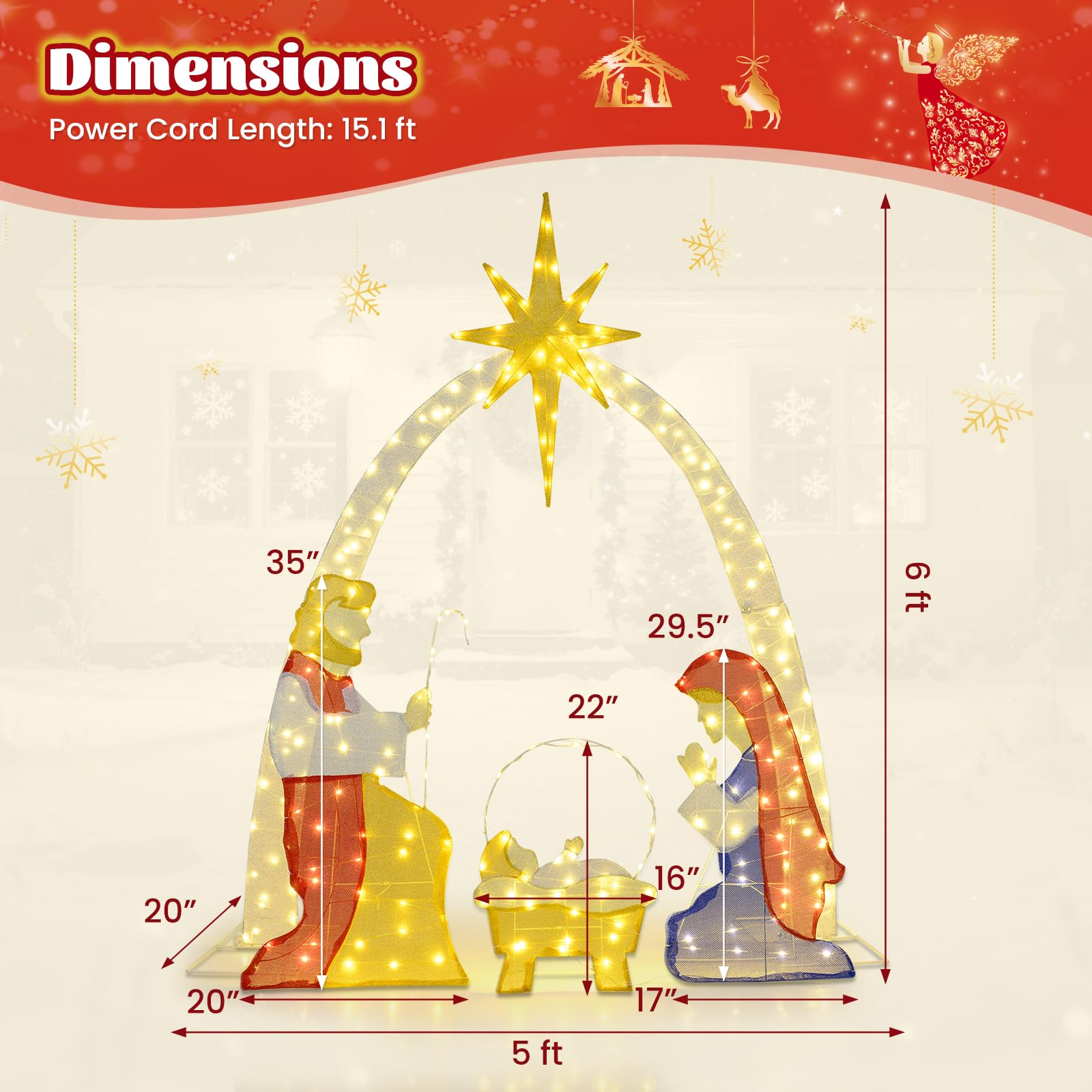 Tangkula 6 FT Christmas Lighted Nativity Scene, Pre-Lit Holy Family Yard Decoration with 240 Warm White LED Lights