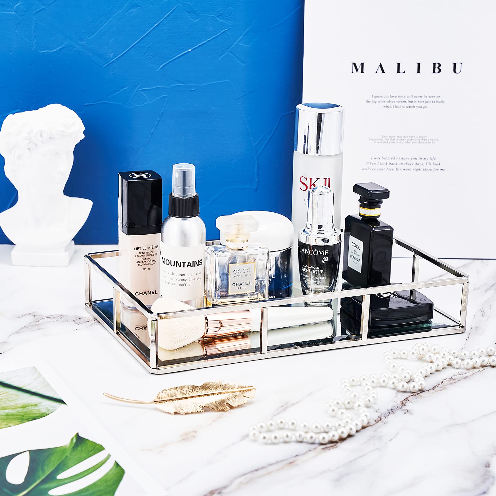 PuTwo Metal Vanity Jewelry Decor Mirror Tray  Glass Perfume Organizer for Bathroom  Counter  Silver