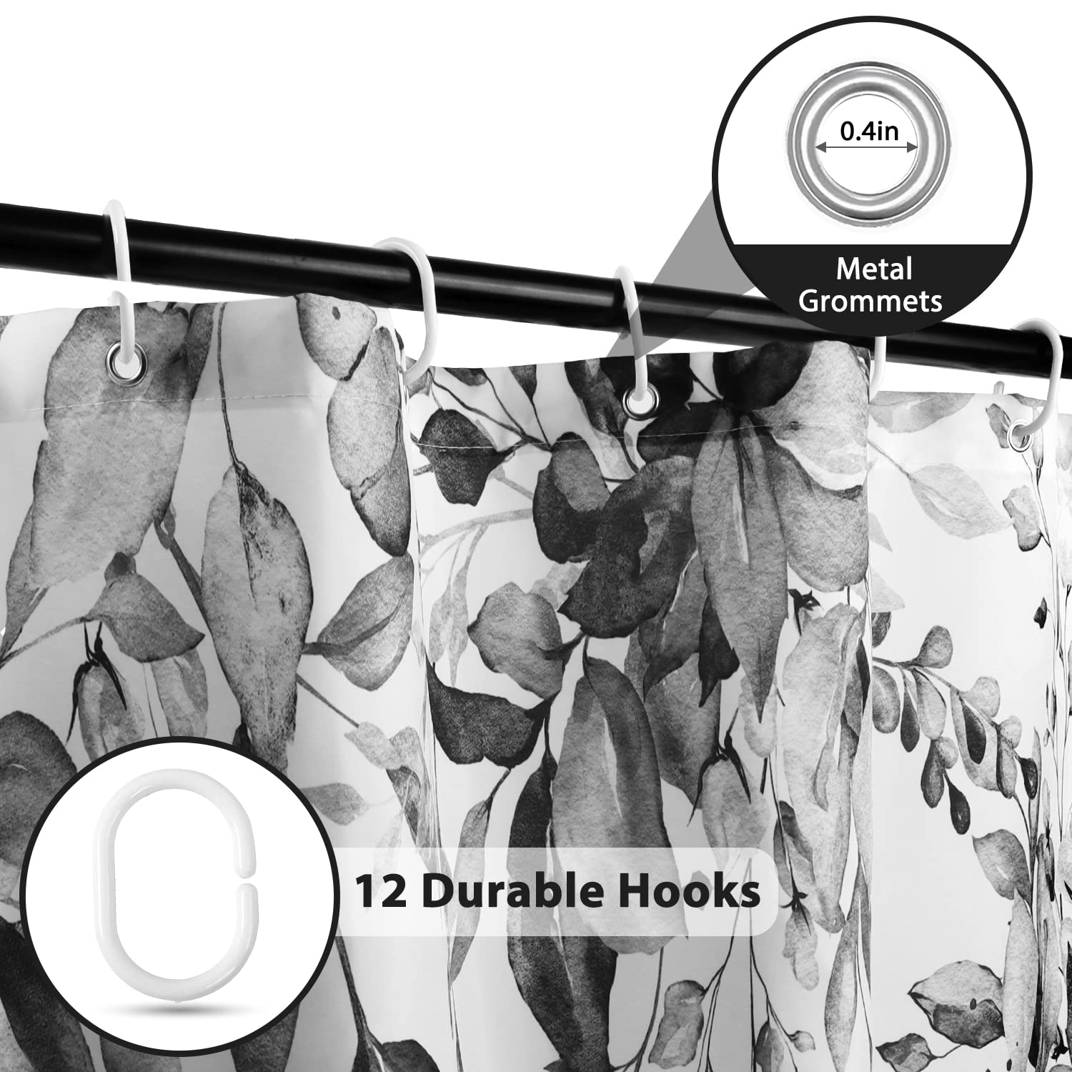 Nuseiis Black and White Eucalyptus Leaves Shower Curtain 72 x 72  Fabric Gray Shower Curtain Sets  Floral Plant Bathroom Curtain Decor with Hooks