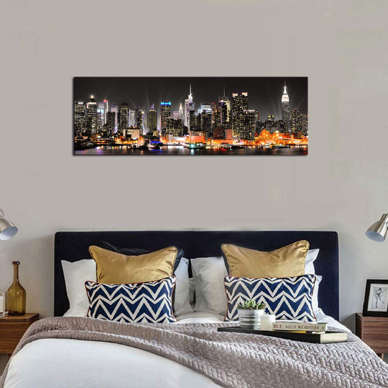 Biuteawal New York City Canvas Wall Art Manhattan Skyline at Night Picture Prints Framed NYC Skyline Landscape Artwork Modern Canvas Print Art for Home Office Living Room Decor