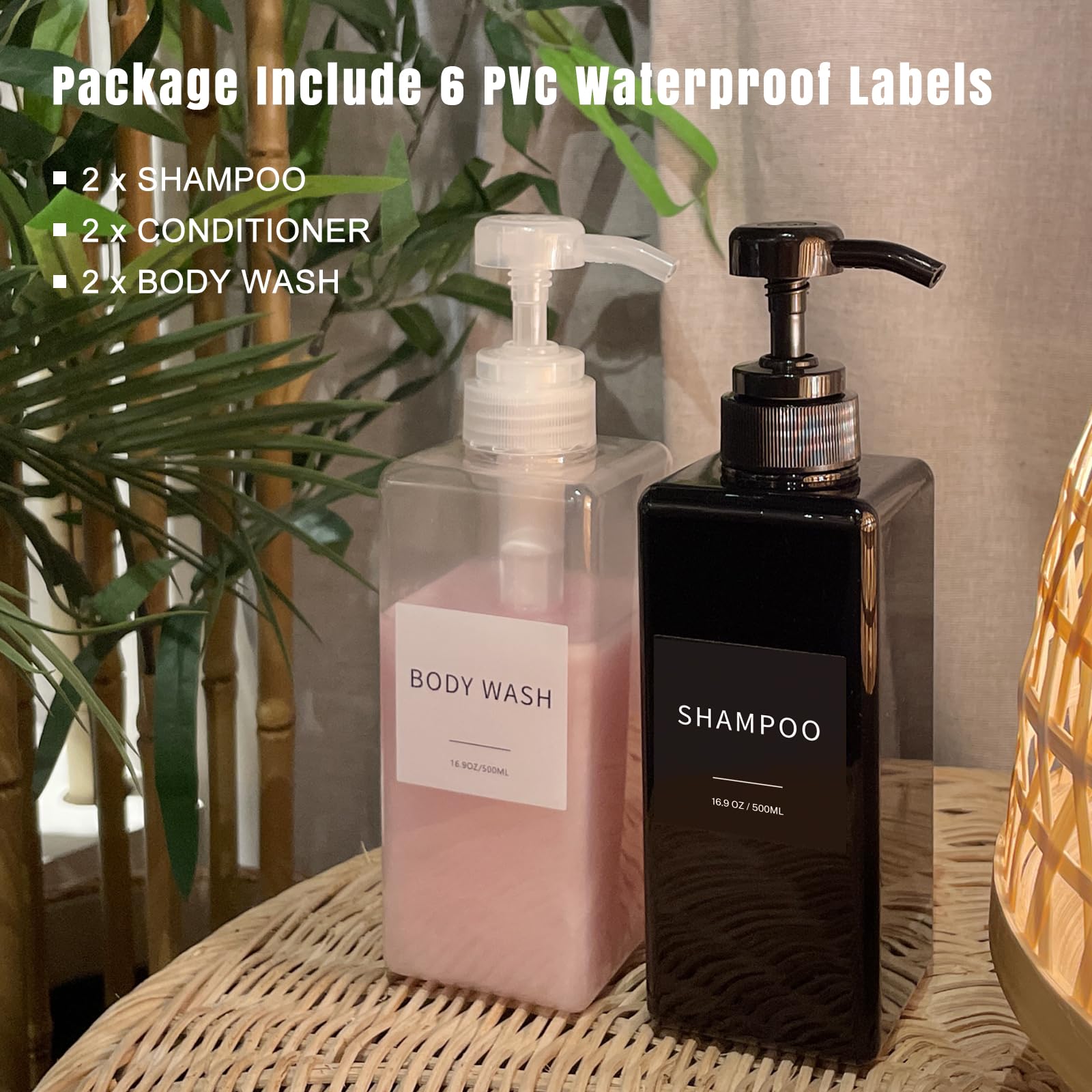 Shampoo And Conditioner Dispenser, Refillable Plastic Shampoo Pump Bottles With Waterproof Labels, Empty Body Wash Dispenser Set