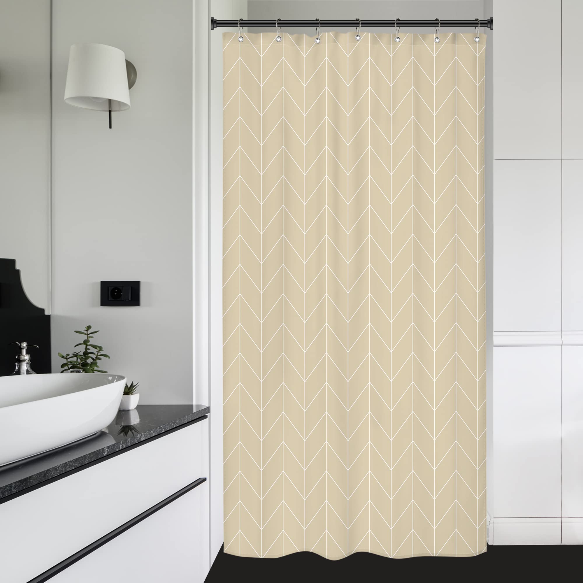 Riyidecor Tan Taupe Stall Small Half Size Shower Curtain 36x72 Inch Chevron Herringbone Geometric Striped RV Single Narrow Tiny 