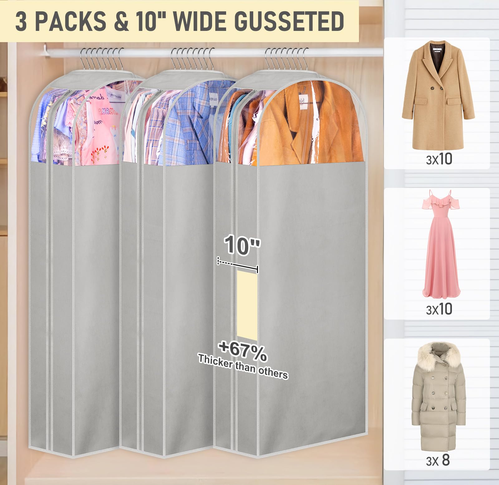 Misslo 10'' Gusseted Garment Bags For Hanging Clothes 50'' Long Dress Bags For Closet Storage Dress Cover For Suits, Coats, 3 Pa