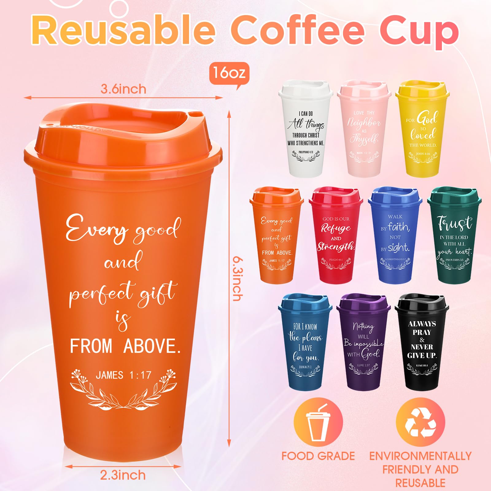 Skylety 60 Pack Christian Gifts for Men Women 16oz Reusable Bible Verse Tumbler Bulk Plastic Coffee Cups with Lids Inspirational