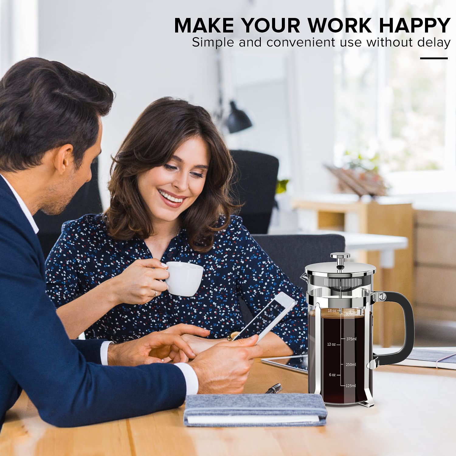QUQIYSO French Press Coffee Maker, 21oz Borosilicate Glass, Silver, Heat Resistant, Easy to Clean, 4 Filters, BPA Free