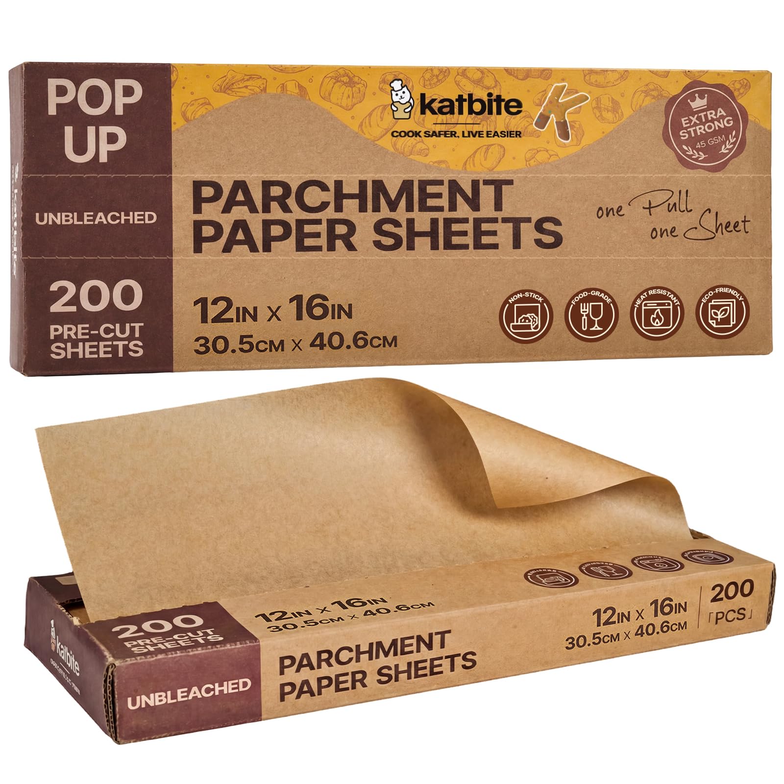 Katbite Parchment Paper Sheets PopUp 200 PCS, 12x16 Inches Precut Unbleached Baking Parchment, Extra Strong, Nonstick, Nontox