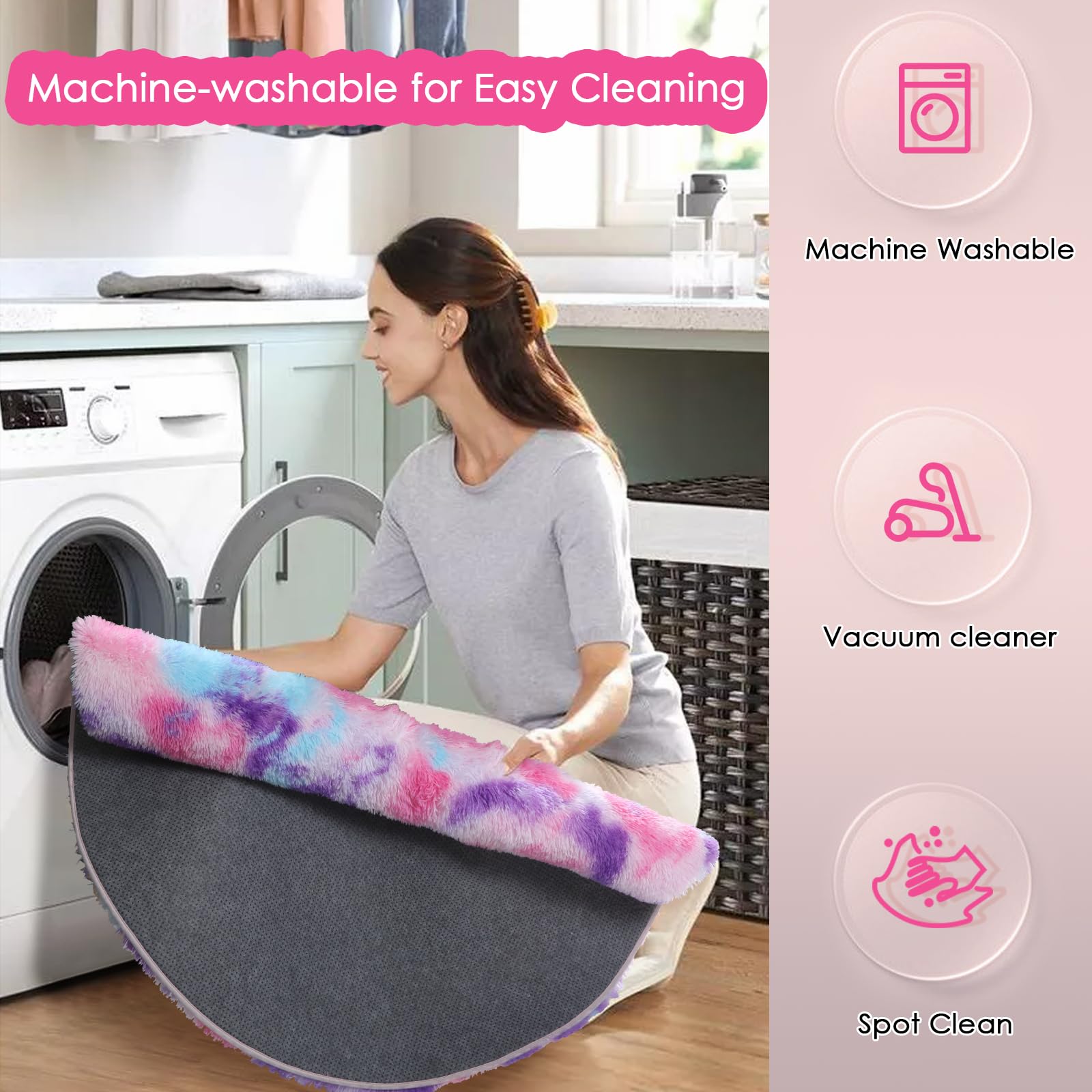 Amdrebio Hot Pink Rainbow Round Circle Area Rug 4Ft for Girls Bedroom, Fluffy Cute Fuzzy Colorful Pastel Kids Rugs for Nursery P