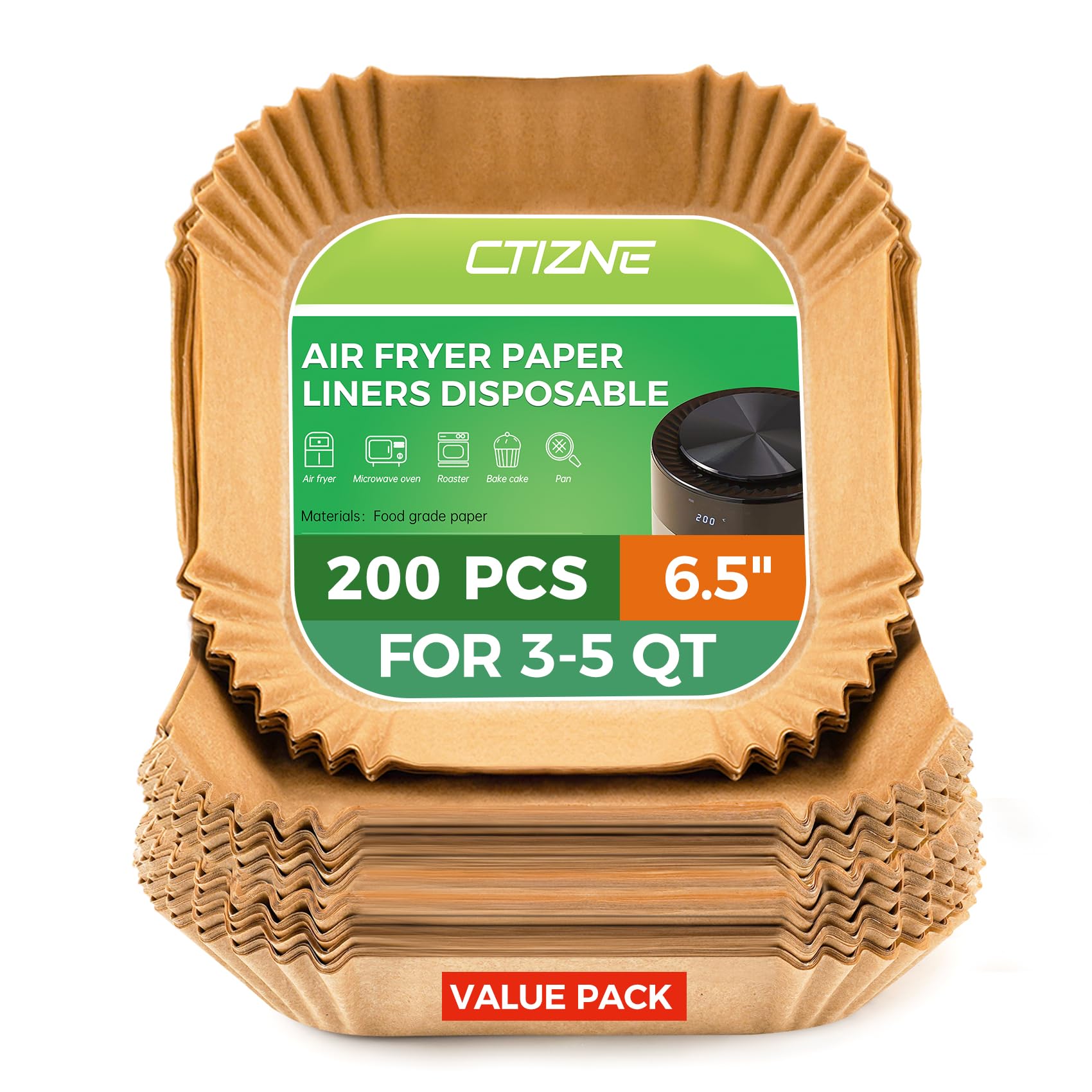 Ctizne Air Fryer Liners Disposable, 200Pcs 6.5 Inch Square Parchment Paper Liner For Air Fryer, Grease And Waterproof Baking Lin